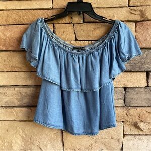 Haute Monde blue denim style off shoulder elastic ruffle top Women Large